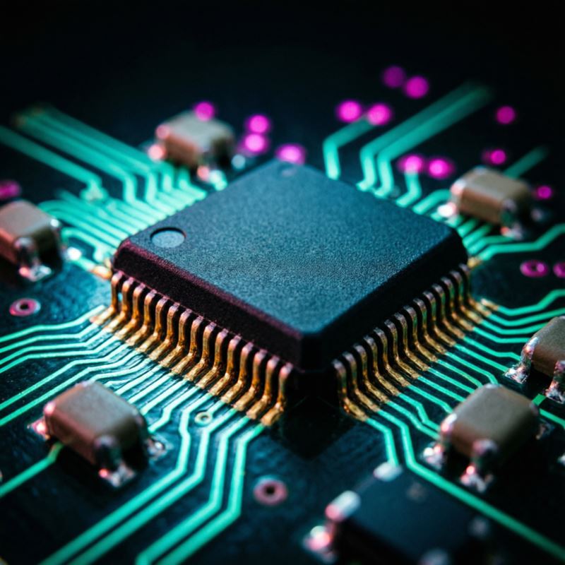 Chip SMD sobre placa con pistas iluminadas