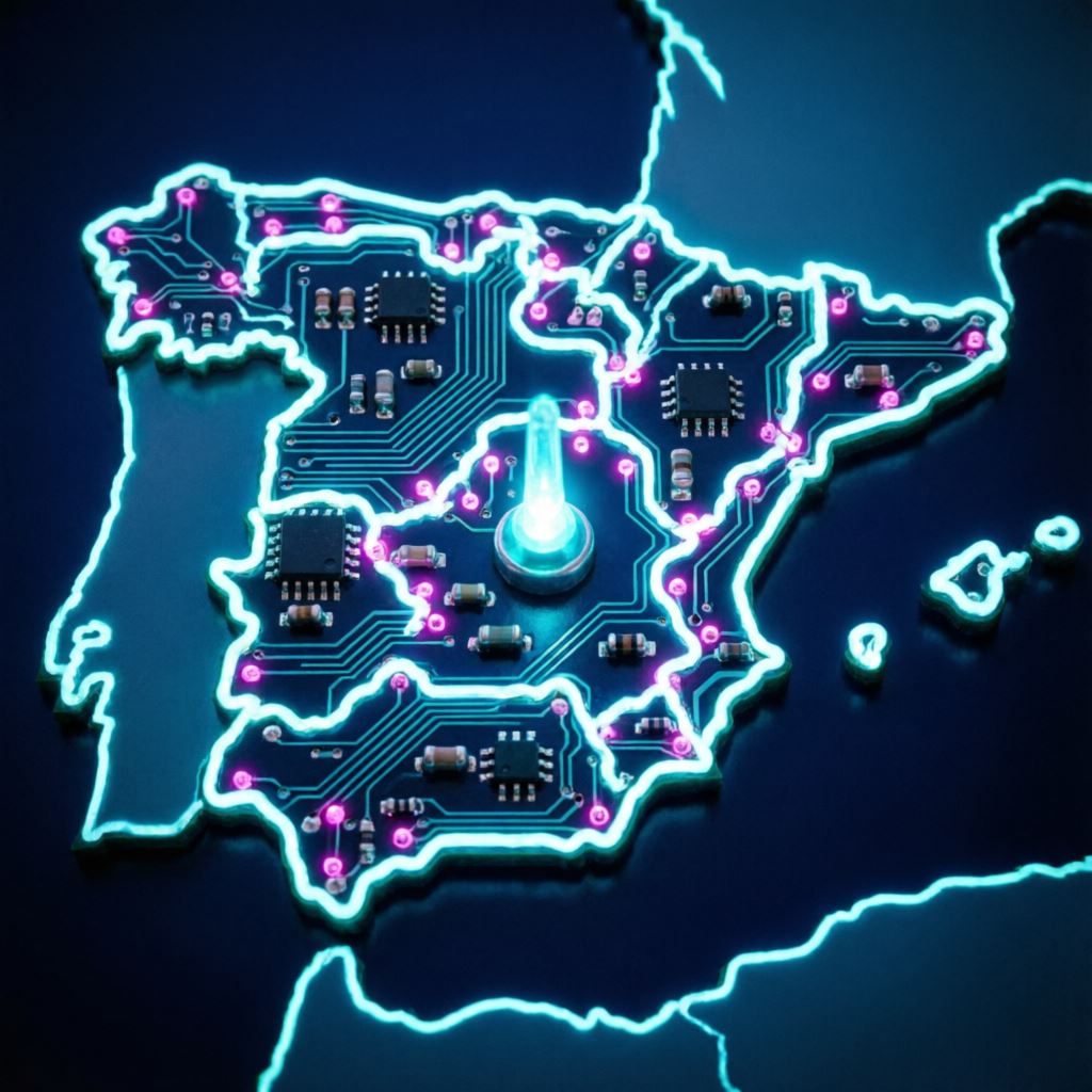 Mapa de España estilo circuito PCB con nodo central en Lucillos