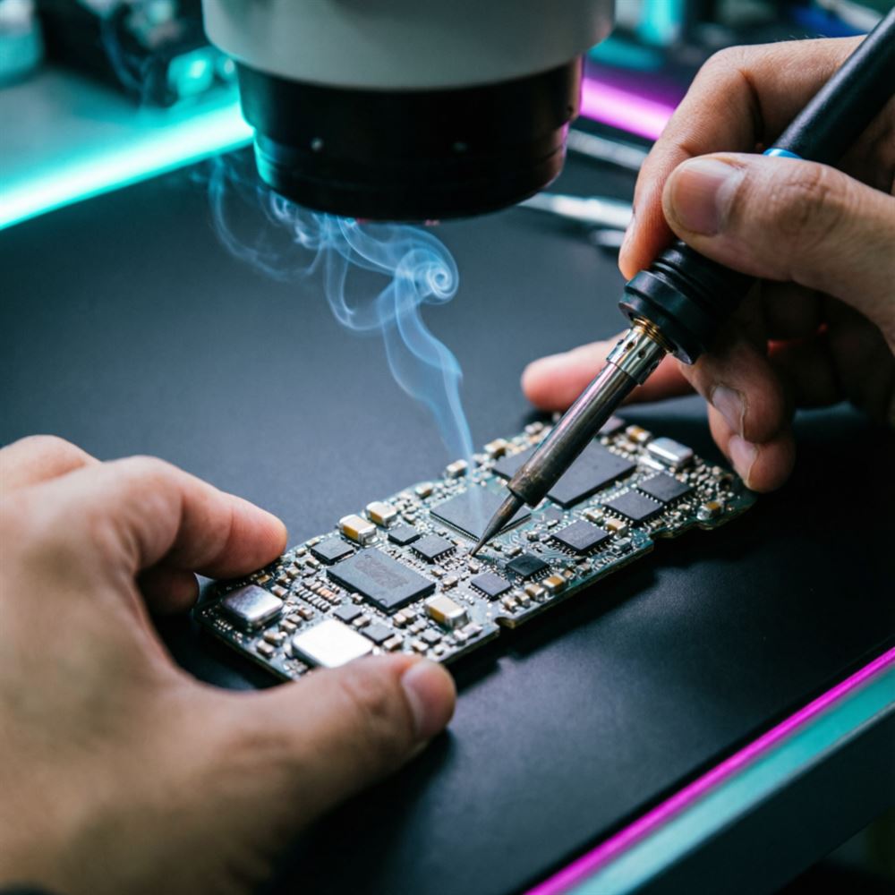 Técnico de REPARAL0 soldando una placa base bajo microscopio